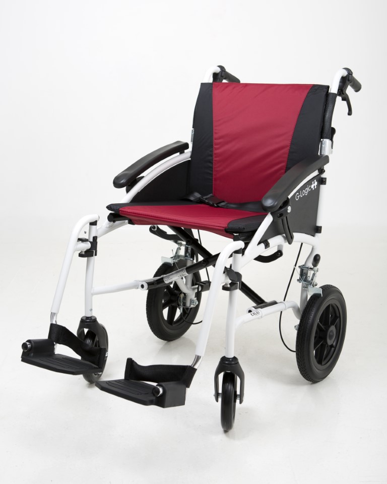 Excel G-Logic Lightweight Transit Wheelchair With White Frame and Red Upholstery 20'' Wide Seat